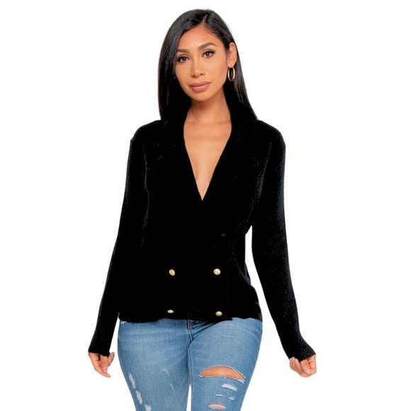 NWT Black Long Sleeve Cardigan Sweater with Plunge Neckline and Gold Buttons - Picture 2 of 6
